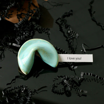 Personalized Ceramic Fortune Cookie- Aquamarine on White Stoneware Clay