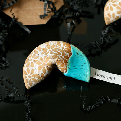 Personalized Ceramic Fortune Cookie- Bright Turquoise with White Flowers- Speckled Stoneware