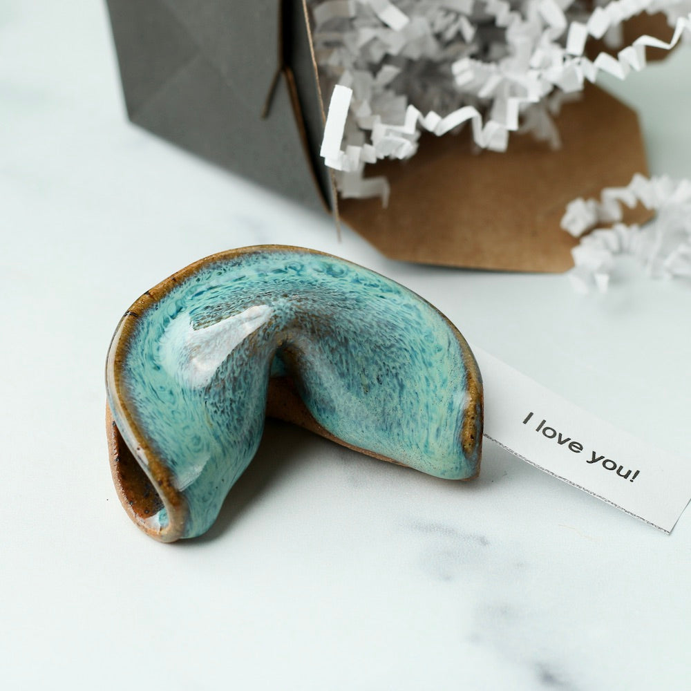 Personalized Ceramic Fortune Cookie- Turquoise - Speckled Stoneware