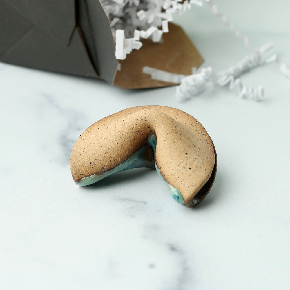 Personalized Ceramic Fortune Cookie- Bright Turquoise- Speckled Stoneware
