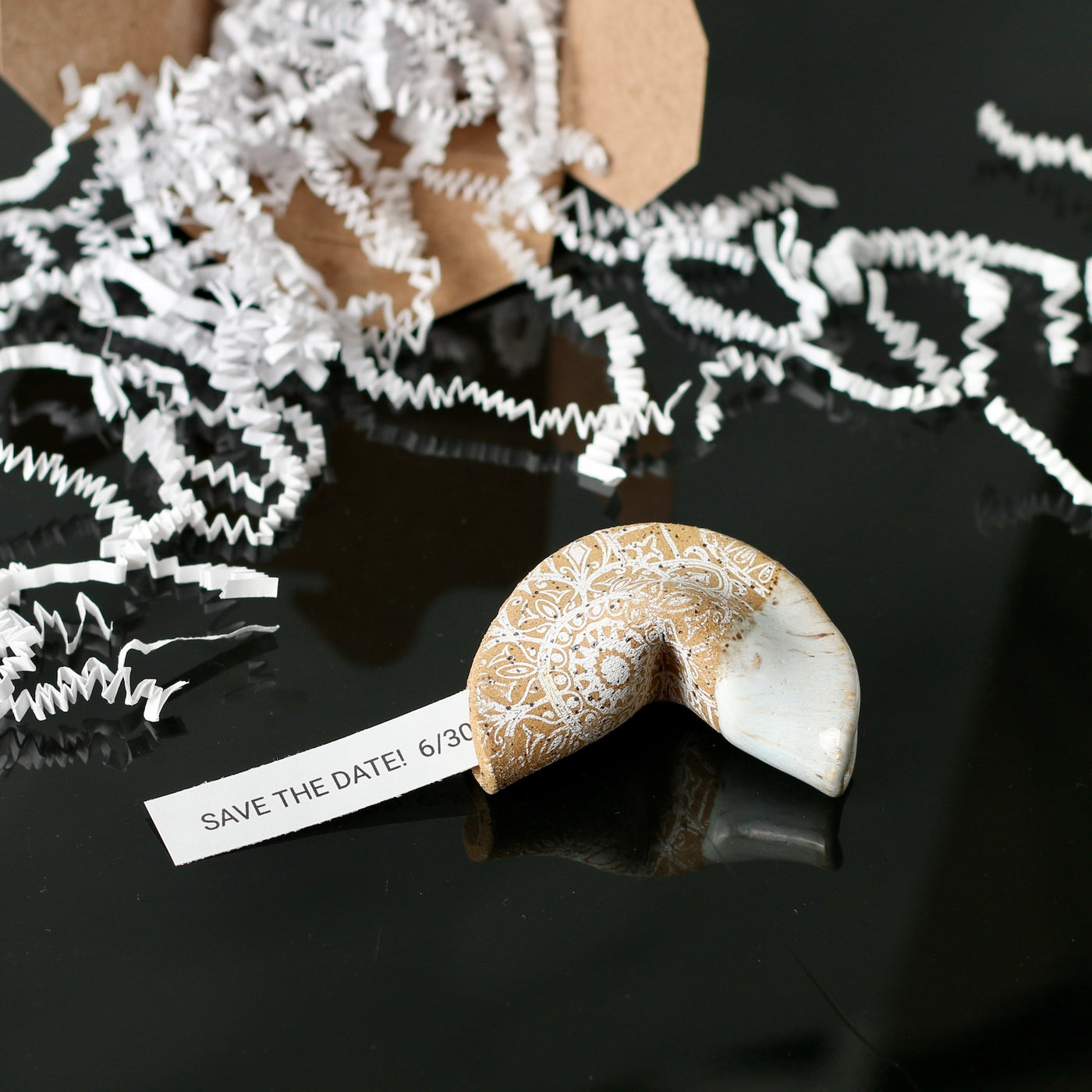 Wedding Favor- Ceramic Fortune Cookie- White with White Mandala Design