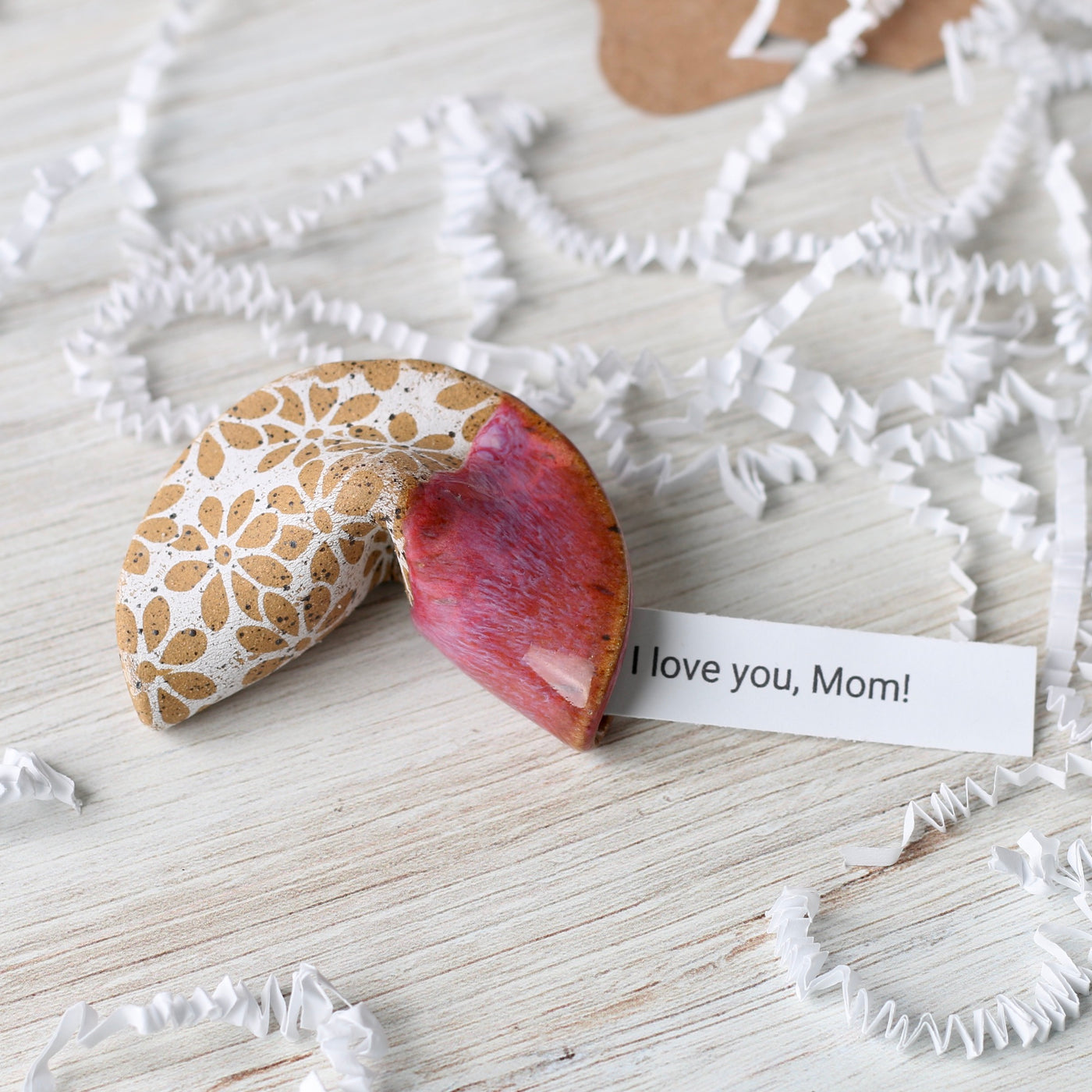 Personalized Ceramic Fortune Cookie- Pink with White Flowers- Speckled Stoneware