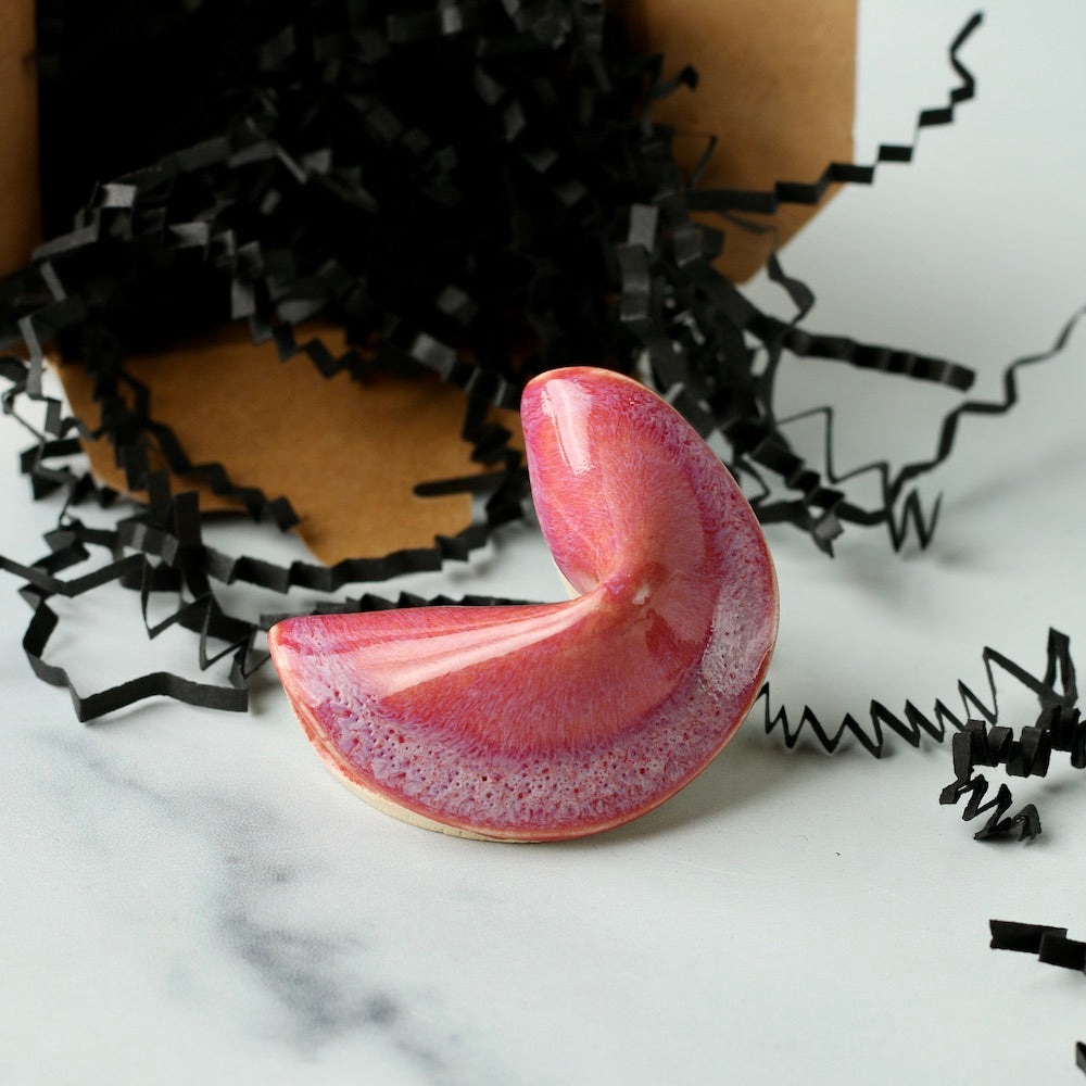 Personalized Ceramic Fortune Cookie- Hot Pink - Speckled Stoneware