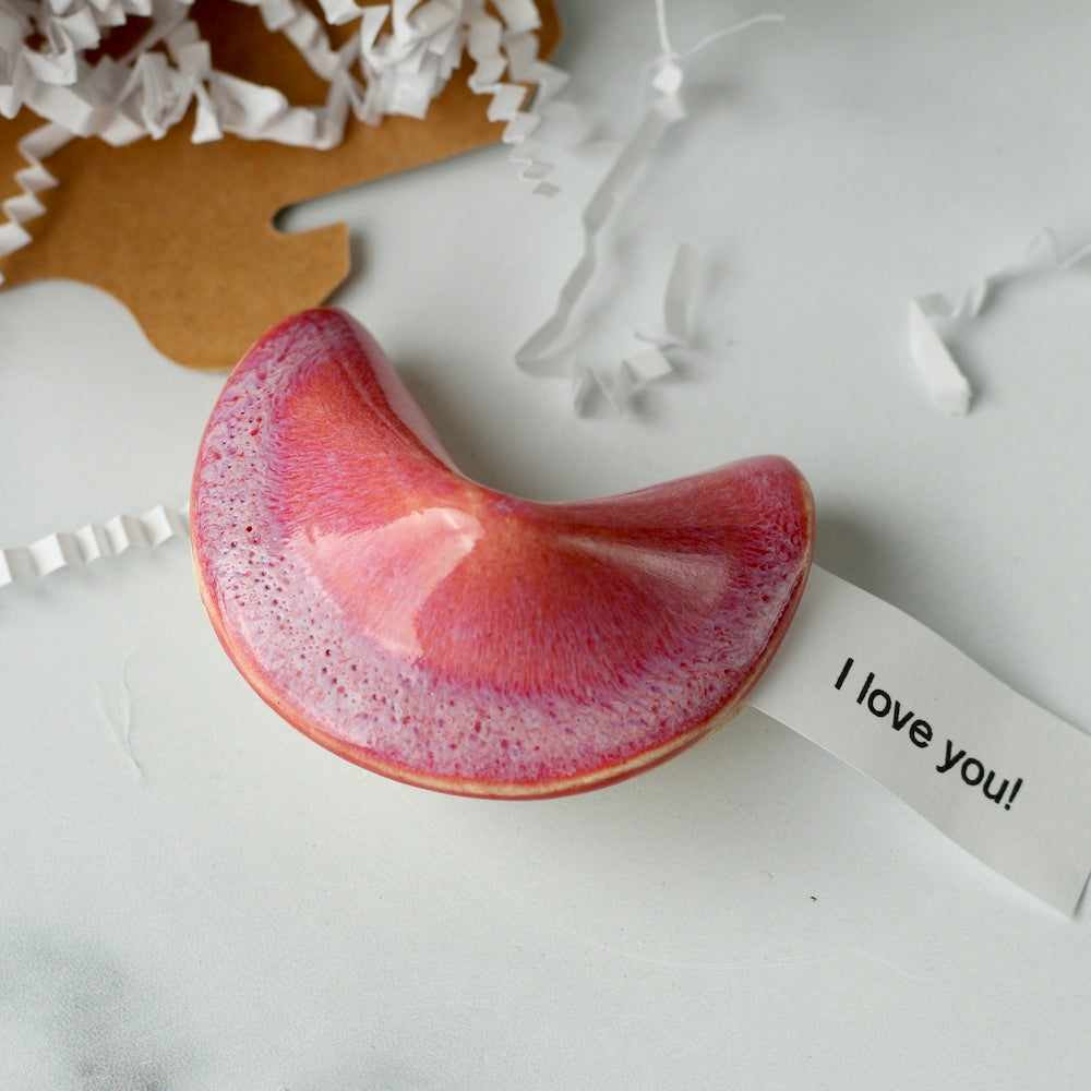 Personalized Ceramic Fortune Cookie- Pink - White Stoneware