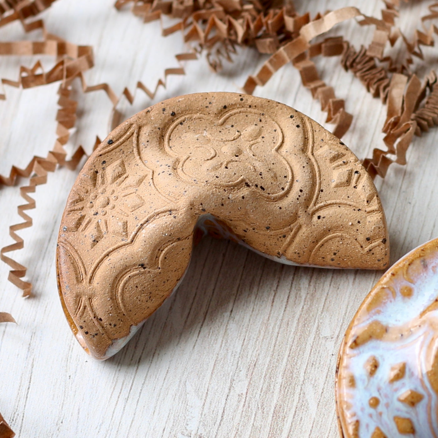 Personalized Ceramic Fortune Cookie- Turquoise Quatrefoil - Speckled Stoneware