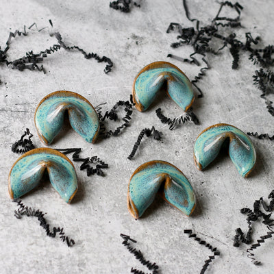 Personalized Ceramic Fortune Cookie- Turquoise - Speckled Stoneware