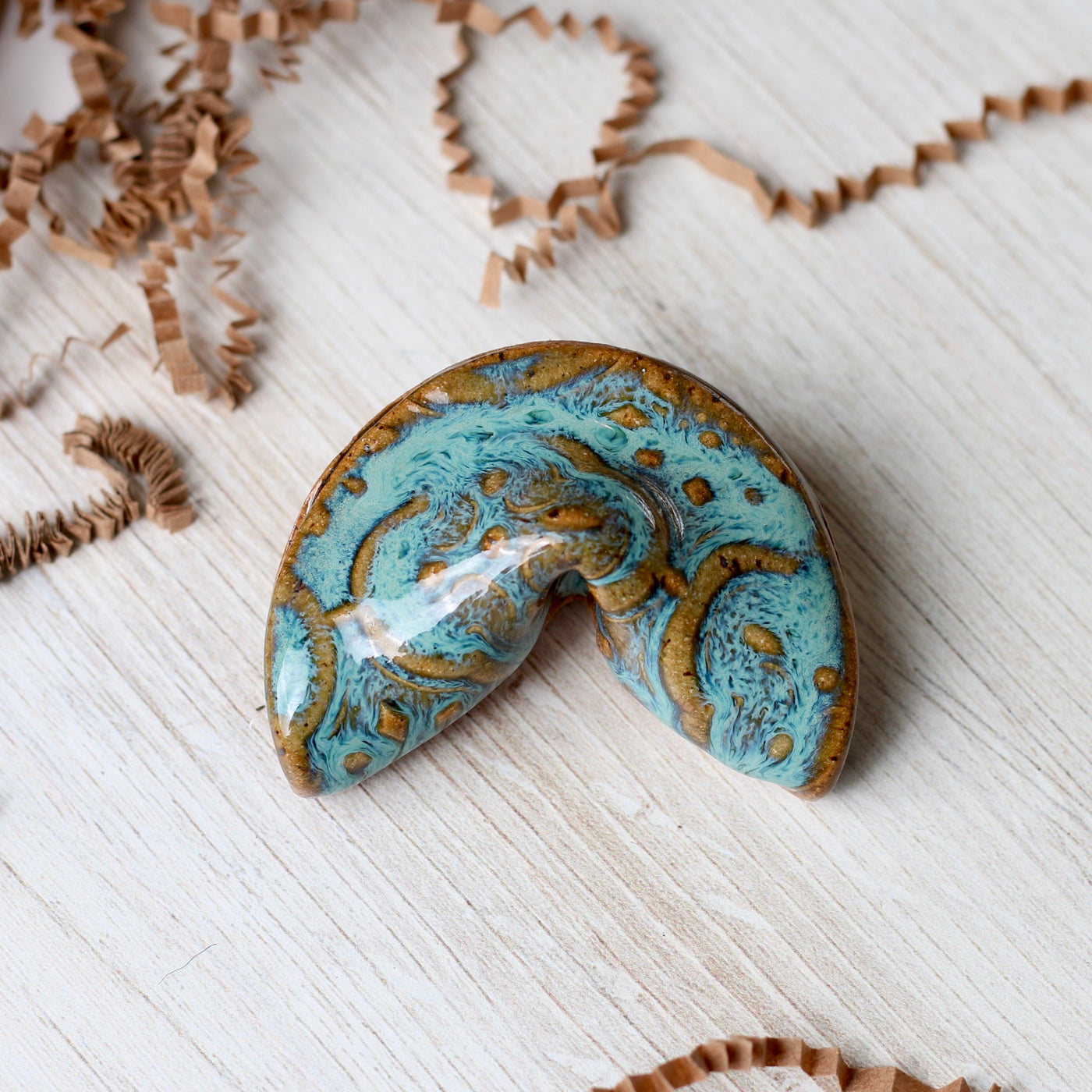 Personalized Ceramic Fortune Cookie- Turquoise Quatrefoil - Speckled Stoneware