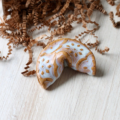 Personalized Ceramic Fortune Cookie- Honey White Quatrefoil - Speckled Stoneware